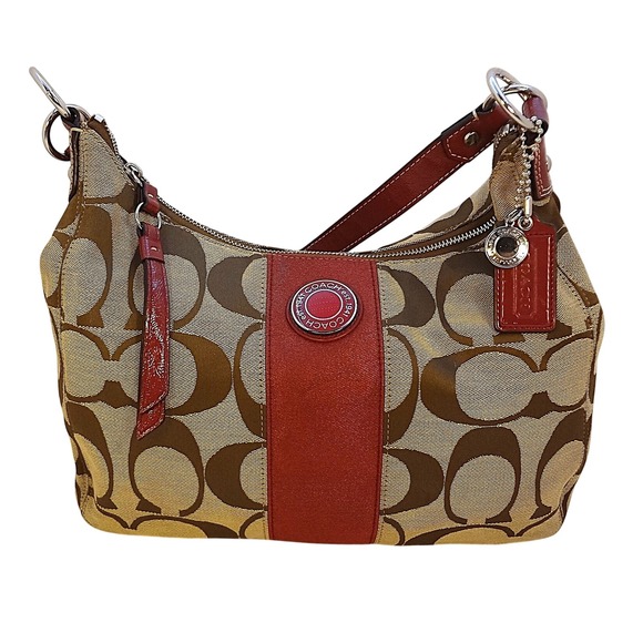Coach Signature RARE Berry Pink/Khaki Canvas Monogram Medium Hobo Purse-incl COA - Picture 1 of 13